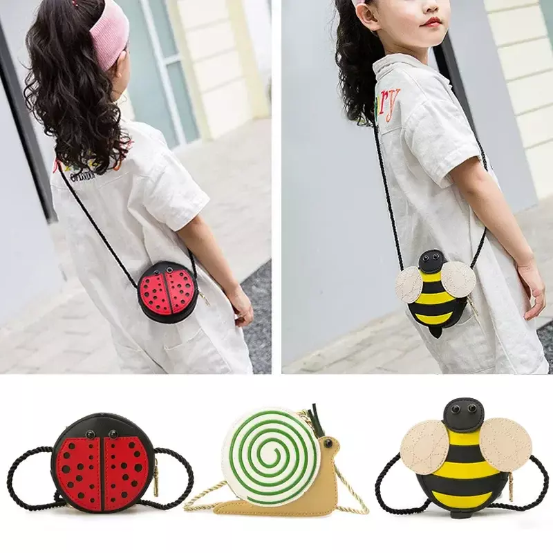 Bolso de mensajero de piel sintética para niños, bolsa de hombro con dibujos animados de abeja, mariquita y caracol, monedero, accesorios bonitos para niños