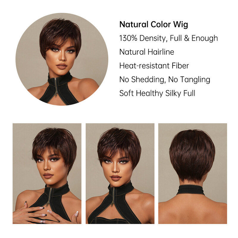 EASIHAIR-Perruque synthétique courte, mélange de cheveux bruns, avec frange, coupe pixie, pour femmes, mixte avec cheveux humains, 03/Party