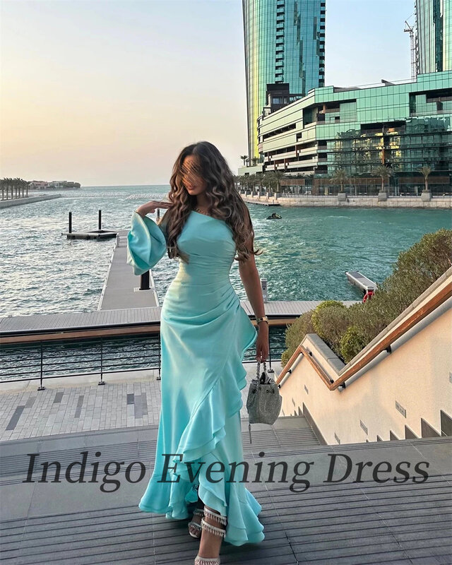 Indigo Abendkleider eine Schulter bodenlangen asymmetrischen Rüschen Frauen formelle Gelegenheit Kleid 2024 فساتين مناسبة رسمية