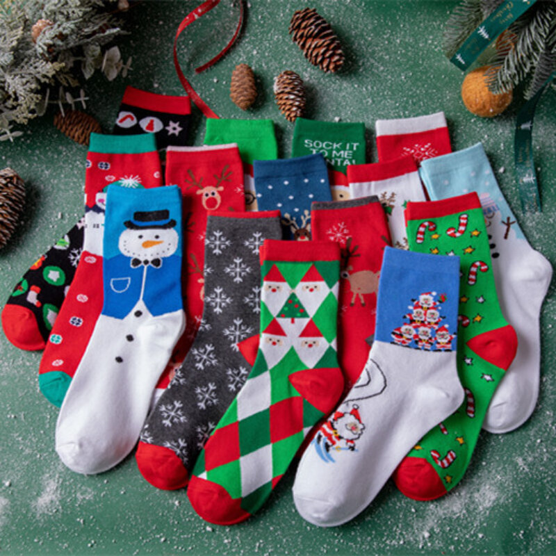 Santa elk floco de neve meias de algodão mid-tube natal casal meias