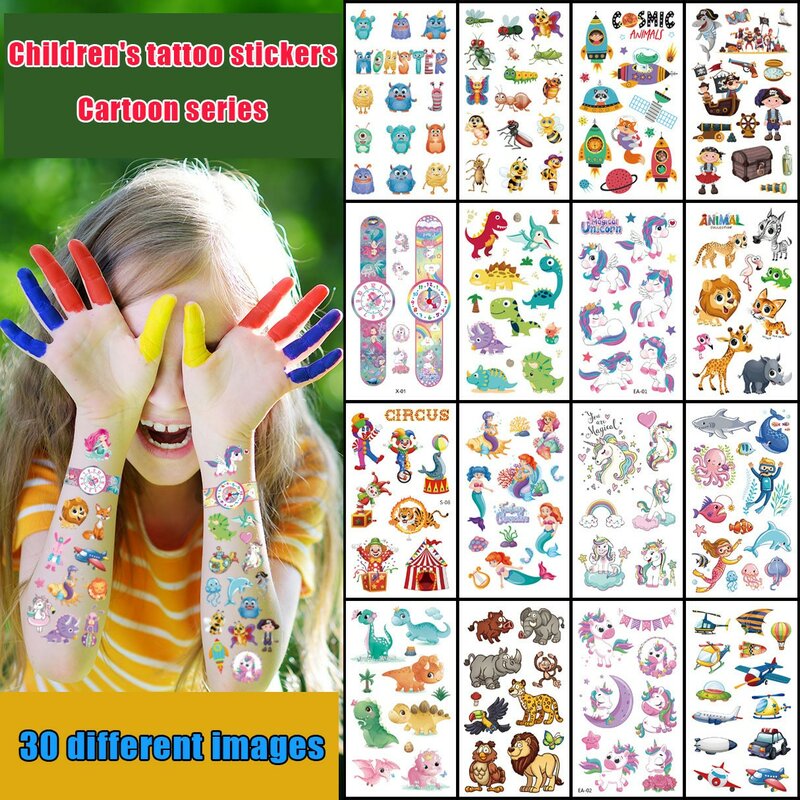 Confezione da 10 adesivi per tatuaggi finti cartone animato tatuaggio temporaneo braccio per bambini fai da te Body Art Cartoon Mermaid Unicorn Animal