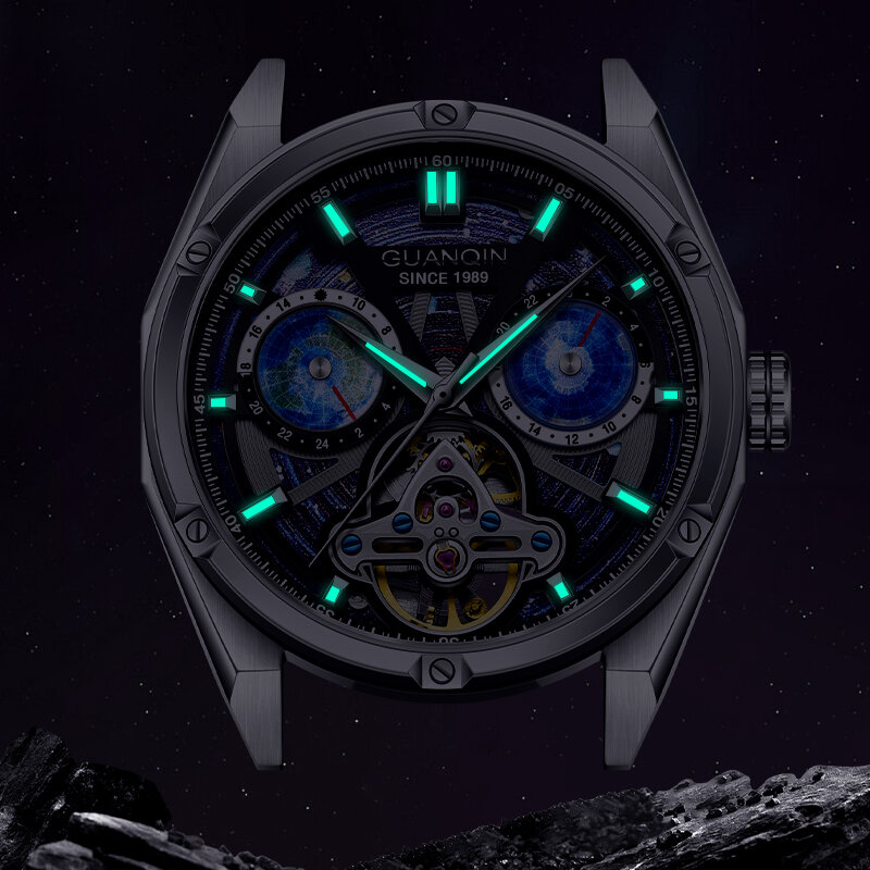 GUANQIN 남성용 뚜르비옹 자동 시계, 별이 빛나는 하늘 다이얼, 지도 디자인, 기계식 손목시계, 2024 신제품