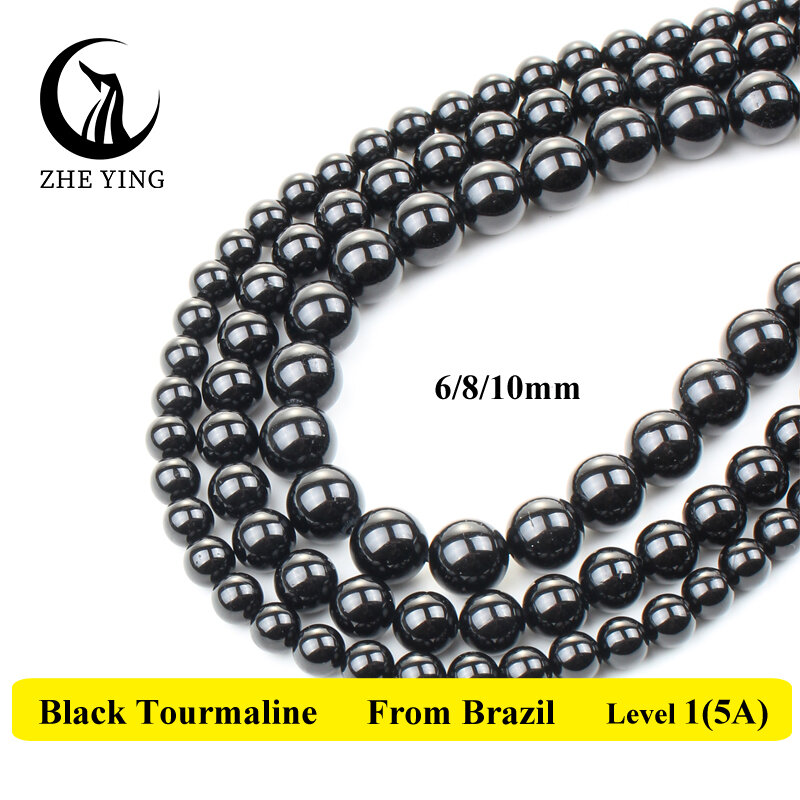 100% Natural Black Tourmaline Round Stone Beads Smooth Gem Quartz Beads For Jewelry Making DIY Bracelet Necklace 6 8 10mm 15''