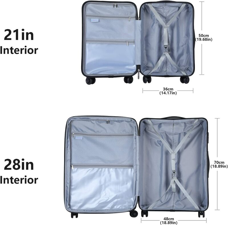 Juego de equipaje con bolsillo frontal para portátil, maleta rígida ligera con ruedas giratorias, bloqueo TSA azul, ABS y PC expandible, 21/28, 2 piezas