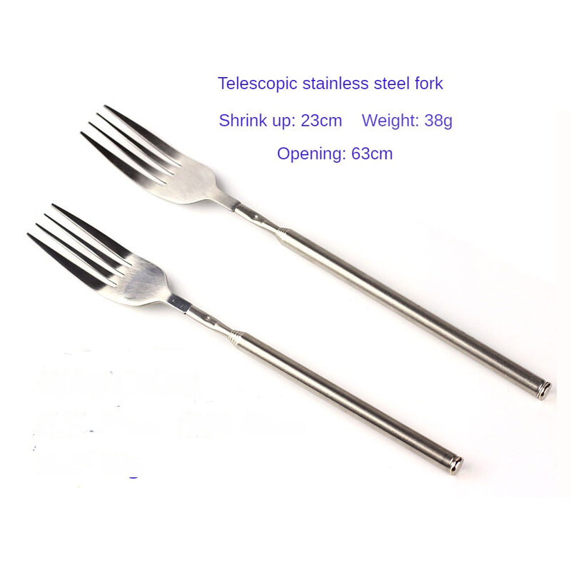 Garpu makanan Stainless Steel Perak, alat dapur garpu makanan teleskopik panjang garpu dapat diperpanjang untuk makan malam buah makanan penutup garpu