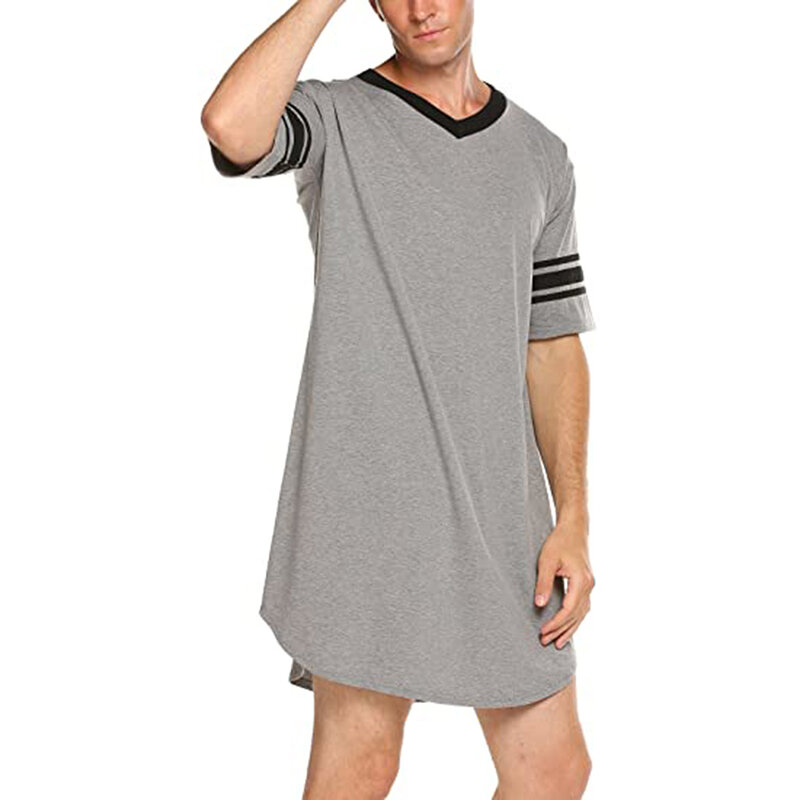 Men's Cotton Longe Casual Short Sleeve Long Nightshirt Soft Loose Sleepwear Casual Sleepwear Long Robe Home Clothes Nightwear