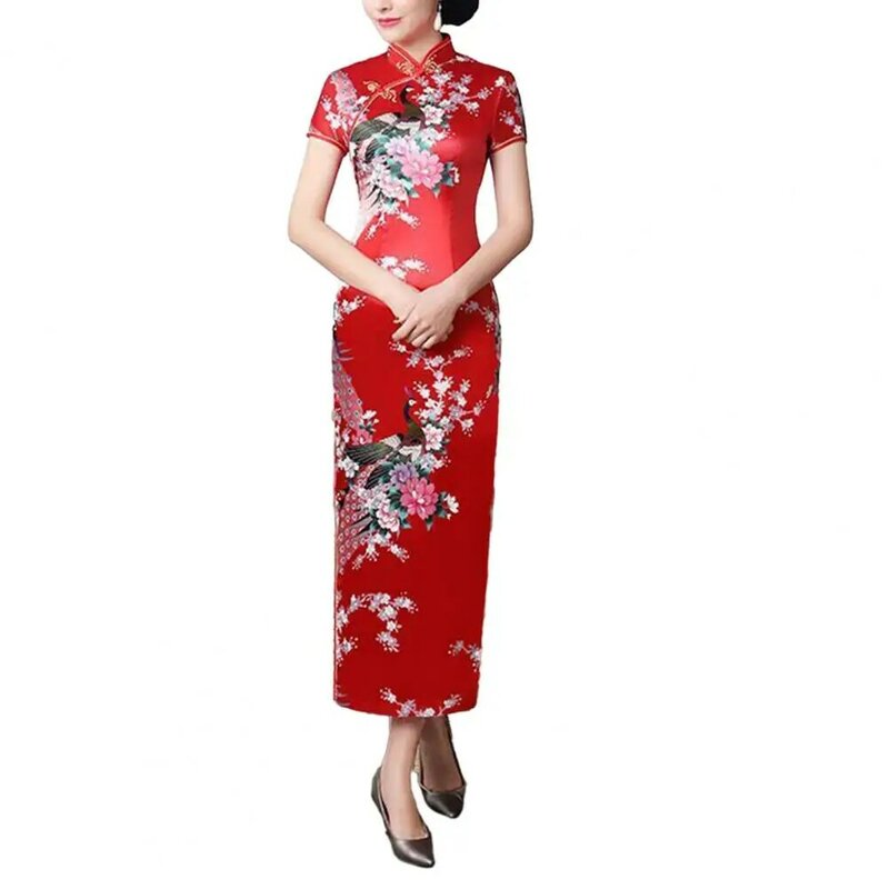 Gaun Cheongsam gaya nasional Cina, gaun wanita kerah berdiri cetak bunga dengan belahan samping tinggi untuk musim panas