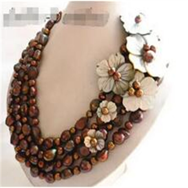 Collier de perles d'eau douce, 4 brins 19 ''12mm, café Baroque, coquille de fleur, collier de perles d'eau douce