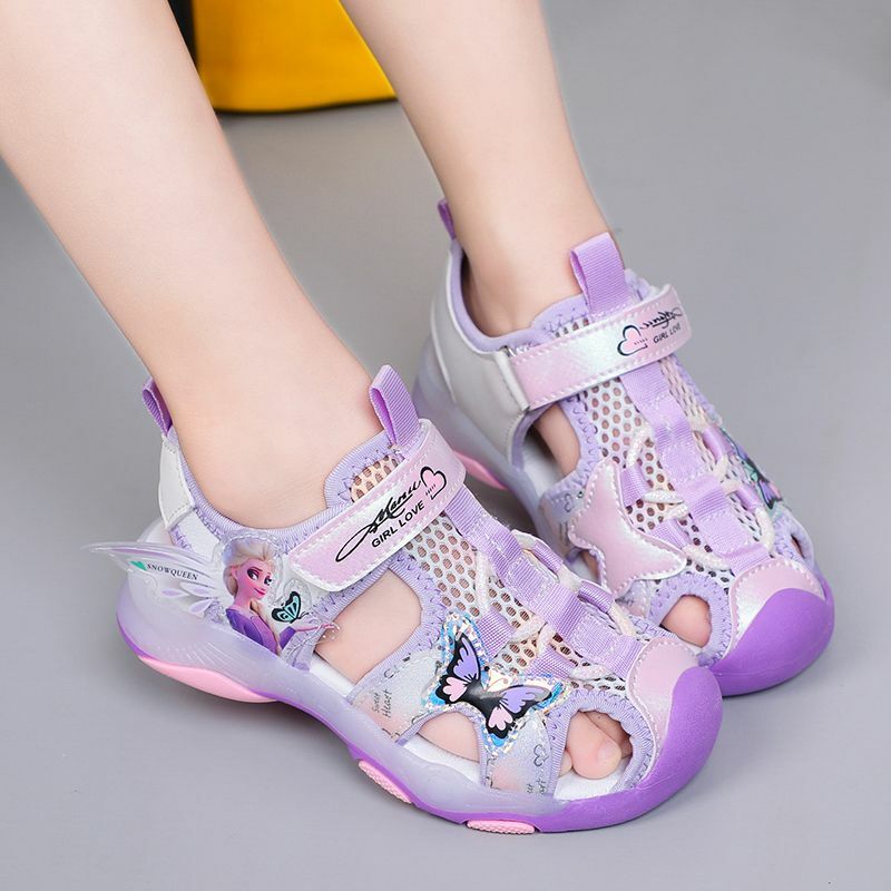 Sepatu Kasual Anak Perempuan Disney Sandal Baotou Sepatu Anak Perempuan Model Musim Panas Lampu Led Sol Empuk Antiselip Sepatu Jaring Ungu Muda Anak-anak Ukuran 23-36