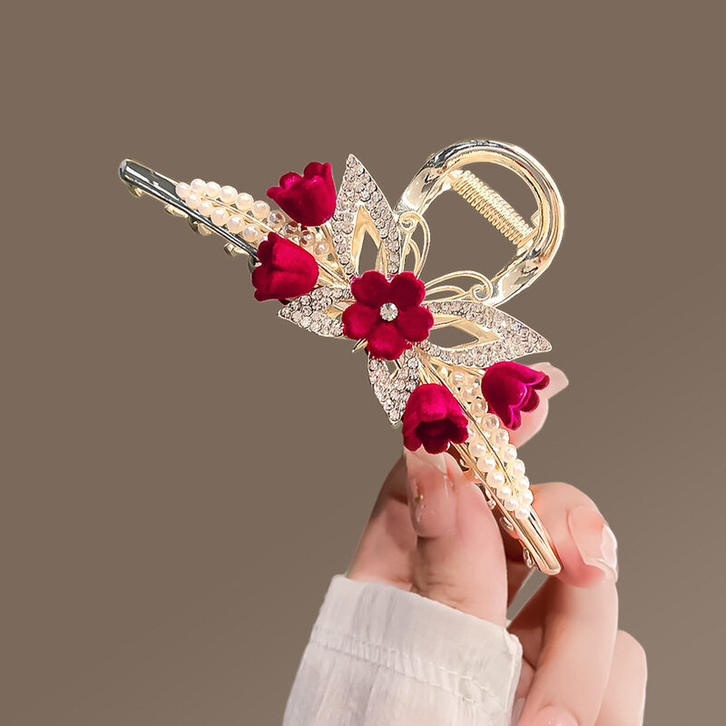 Nieuwe Luxe Goud Rode Roos Vlinder Haarklauw Clip Voor Vrouwen Meisjes Elegante Grote Glanzende Kristallen Parel Haargrepen Krab Hoofddeksels