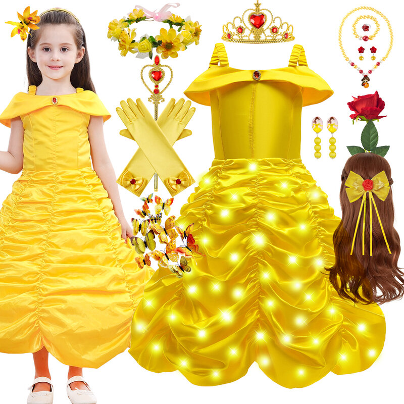 女の子のためのプリンセスドレス,美女と野獣のコスチューム,LEDライト,魔法のスティック,王冠,子供のための王冠,6t