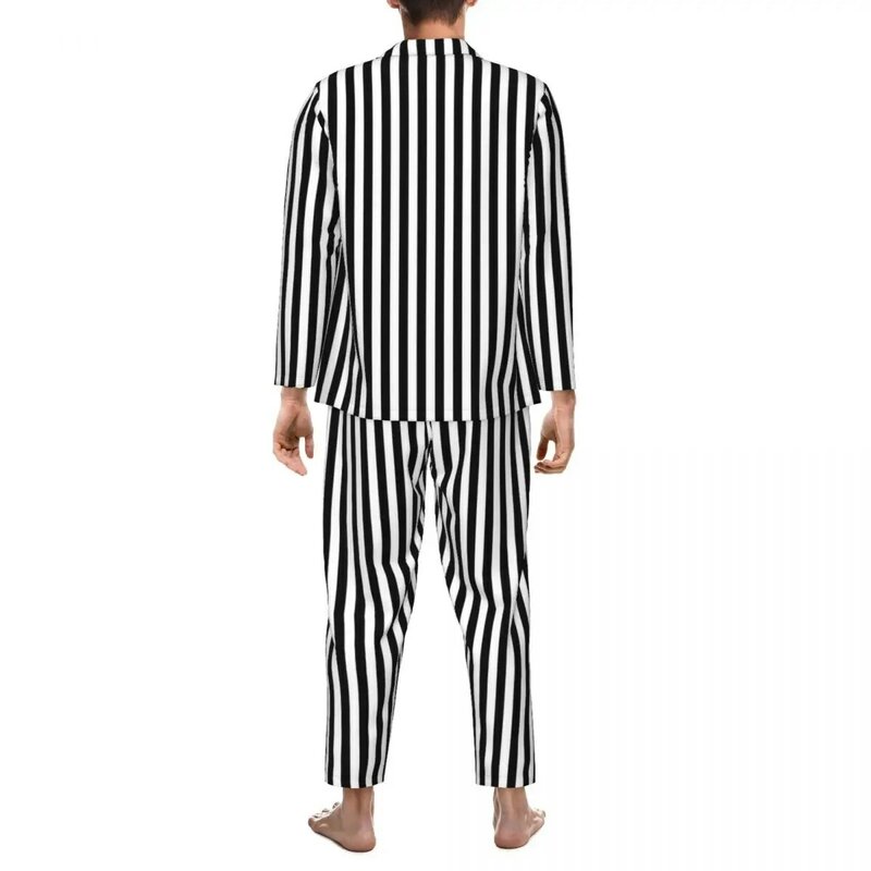 Ropa de dormir a rayas blancas y negras para hombre, Conjunto de pijama informal de gran tamaño con estampado de líneas verticales, traje de Casa de manga larga a la moda para primavera