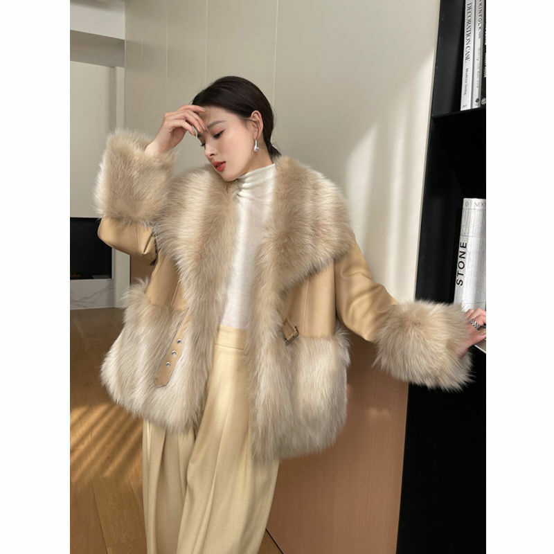 Mantel bulu wanita Korea, Jaket Wanita Mode Korea imitasi bulu rubah empuk, pakaian luar Vintage tebal hangat mode 2023