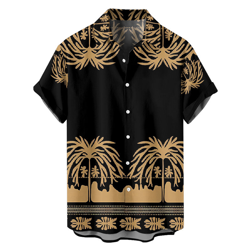 Beach holiday style black design sense for simple casual men's short-sleeved lapel shirt summer thin loose plus size top