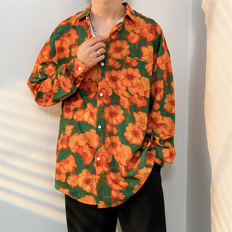 Wiosenna jesień męska z długim rękawem bluzka w roślinny wzór moda oversize luźno dopasowane przystojna uniwersalna Retro nadruk koszula kurtka