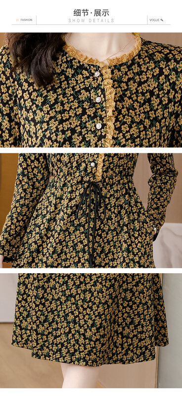 Женское платье с длинным рукавом, свободное облегающее ТРАПЕЦИЕВИДНОЕ ПЛАТЬЕ до колена с цветочным принтом и круглым вырезом, с поясом на талии, Осень-зима 2023