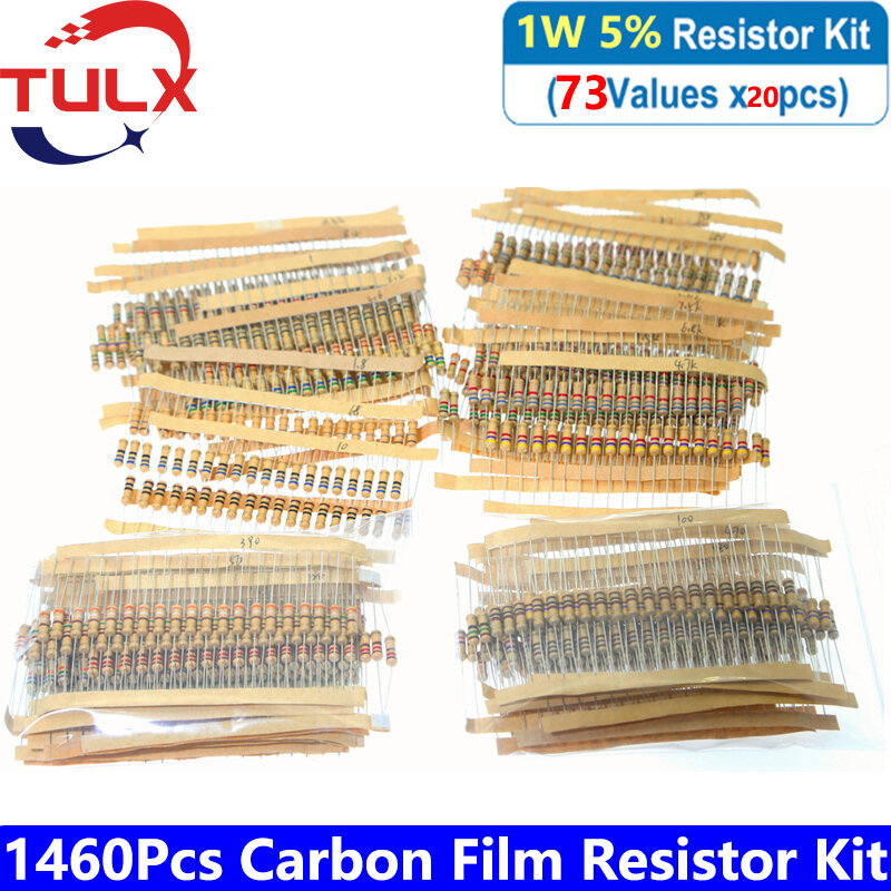 1460 Buah/Pak 1W Set Aneka Resistor Film Karbon 5% Nilai 122*10 Buah Kit Resistor 1R-470K-1Mohm Warna Resistensi Cincin
