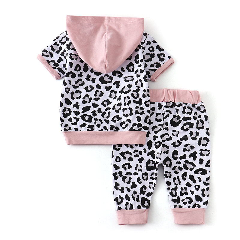 Pakaian kasual bayi perempuan, atasan bertudung lengan pendek macan tutul, Set pakaian 2 potong untuk Orok baru lahir musim panas