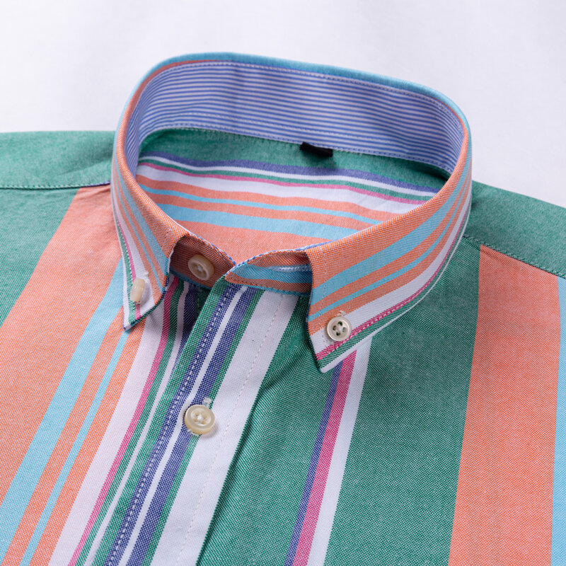 Camisa informal a rayas Oxford para hombre, camisa de manga larga con un solo bolsillo de parche, ajuste estándar, cómoda, con botones, 100% algodón