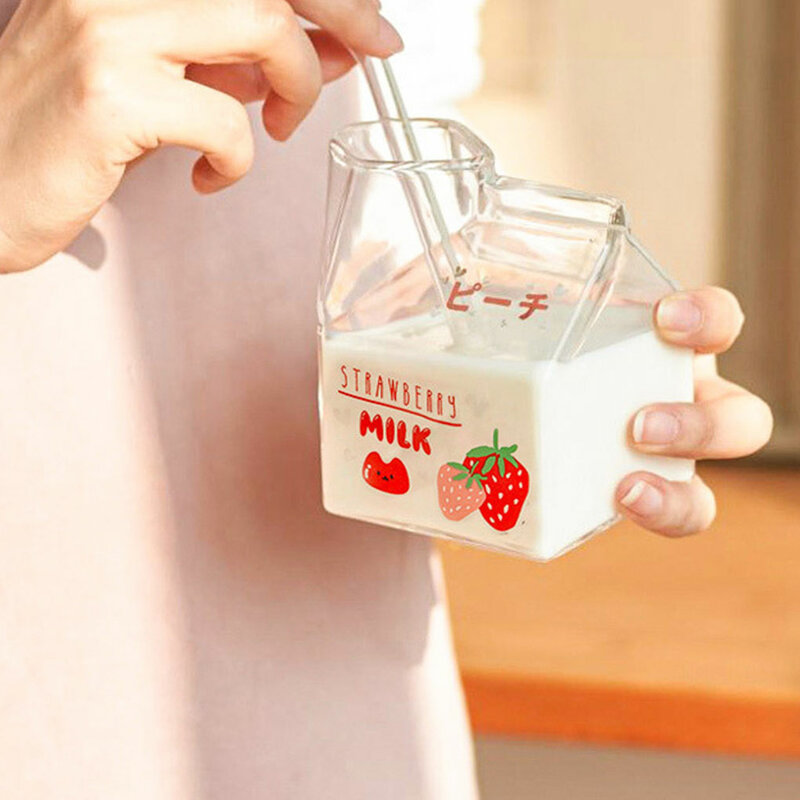 Caja de leche cuadrada transparente de 300ml, taza de vidrio, horno microondas, puede calentar, vajilla de cocina creativa para el hogar, suministros de estilo japonés