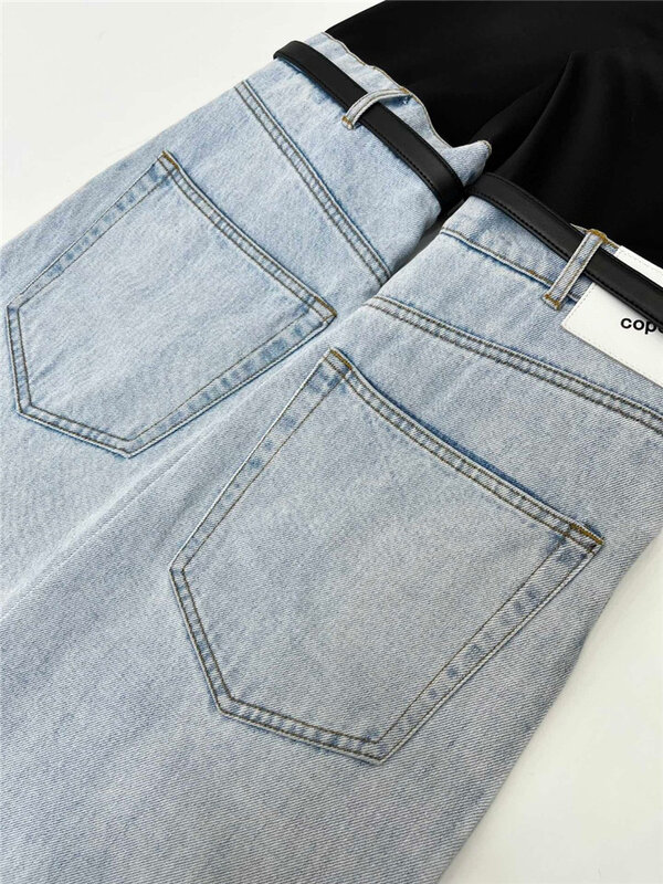 DEAT Fashion Women's Jeans High Waist Straight Patchwork PU Leather Buckle Streetwear Denim Pants Spring 2024 New Trend 17A2013H