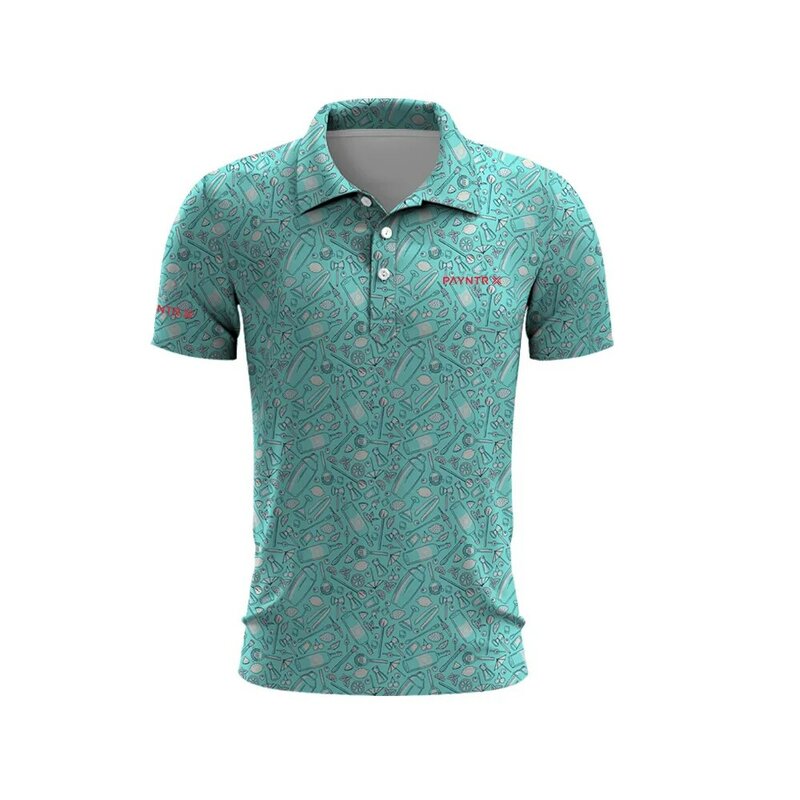 Kaus Golf pria, pakaian Golf tiga warna cetak bergaris musim panas cepat kering kancing klub Golf