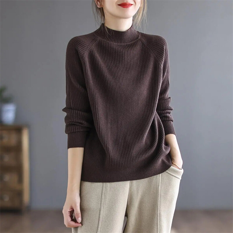 Suéter feminino de gola alta manga comprida, tops elásticas, pulôveres de malha, bottoming fashion, novo, 2024