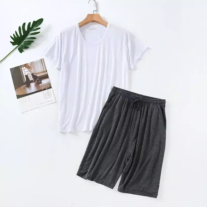 For Short-sleeved Pajama Summer Pajamas Shorts Modal Neck Set Wear Men's Daily Home Casual Round Suitable Thin Plus Size