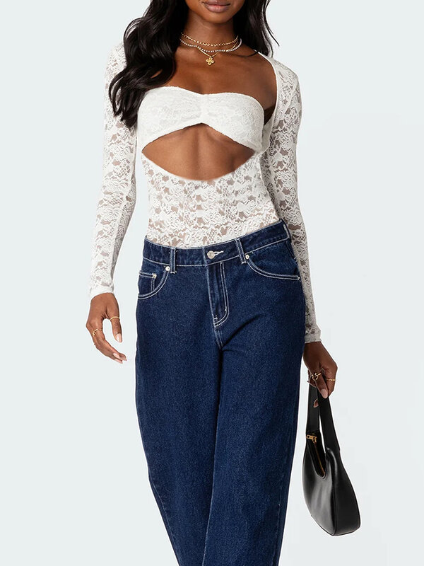 Womens Long Sleeve Y2k Lace Floral Sheer Tops Sexy See Through Slim Fit Crop Top Blouse Streetwear