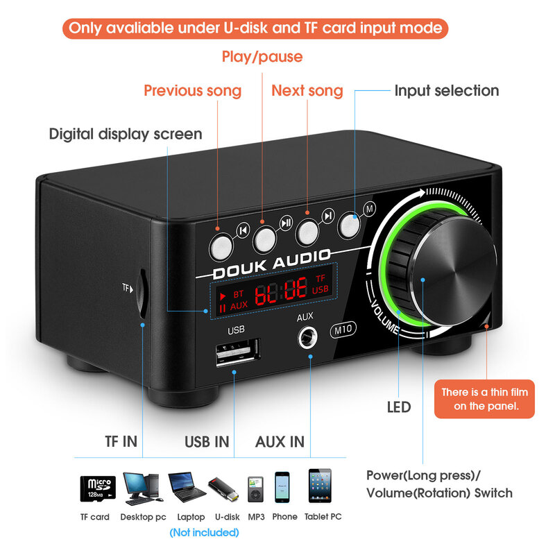 Цифровой усилитель Douk Audio HiFi Bluetooth 5,0, домашний стереоприемник, миниатюрный морской/Автомобильный аудиоусилитель класса D, музыкальный плеер USB DAC