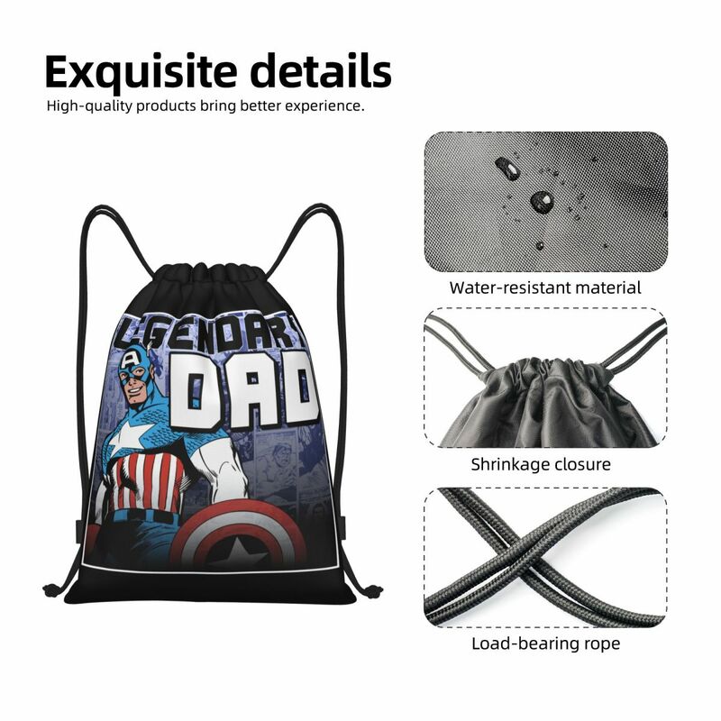 Sacos de cordão personalizados do Capitão América para esportes, pai lendário, mochila de ginástica dobrável, mochilas de treinamento para homens e mulheres