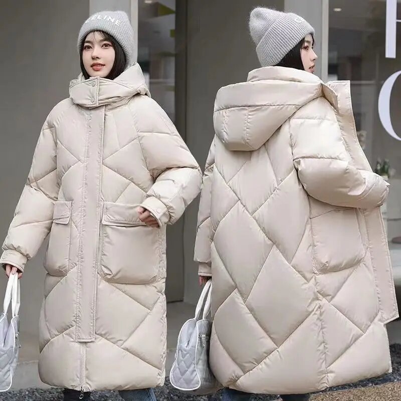 Jaqueta puffer de algodão grosso feminino, casaco comprido, jaqueta acolchoada, inverno, 2024