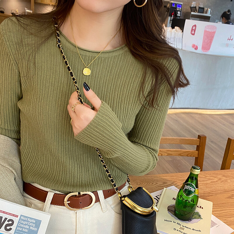 Koreanisches einfarbiges Unterhemd Rundhals ausschnitt locker sitzendes lang ärmel iges Strick oberteil für Frauen