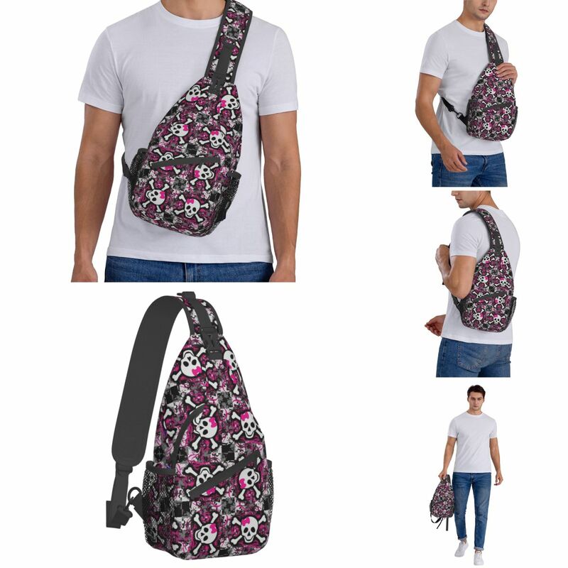Gothic Pink Skull Crossbody Sling Bag SmallChest Bag Shoulder Backpack Daypack para viagens Caminhadas Ciclismo Satchel