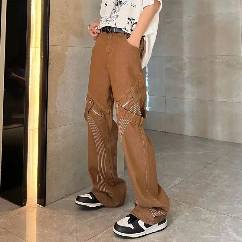 Calças de brim de carga masculina do vintage americano outono e inverno design de nicho sentido zíper em linha reta mop calças largas soltas perna