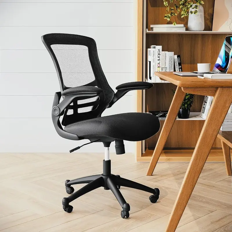 Kursi kantor dengan sandaran putar, kursi kantor dengan penyangga pinggang dan tinggi tempat duduk yang dapat disesuaikan, kursi meja jaring ergonomis, HITAM