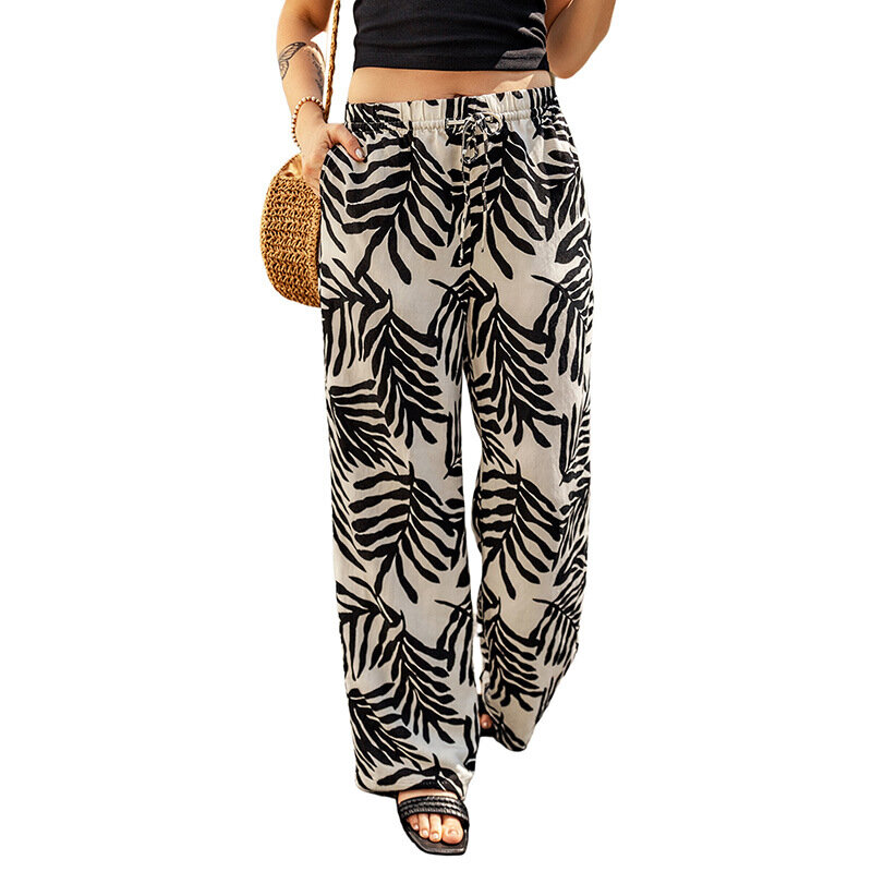 Casual Versatile Printed Drawstring Wide Leg Pants For Women Summer New Lace Up High Waist Straight