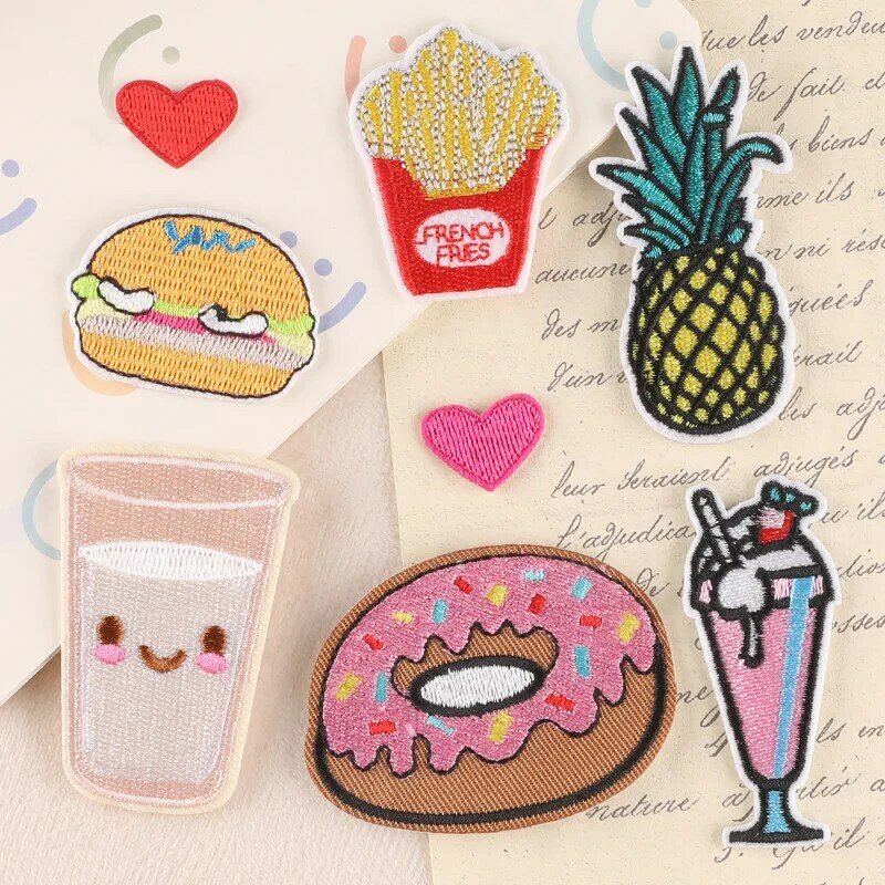 DIY Chips Embroidery Patch Burger Donuts Adesivos Emblemas Adesivos Ferro em Patches Emblema de saco de pano Acessórios de tecido, Novo, 2024