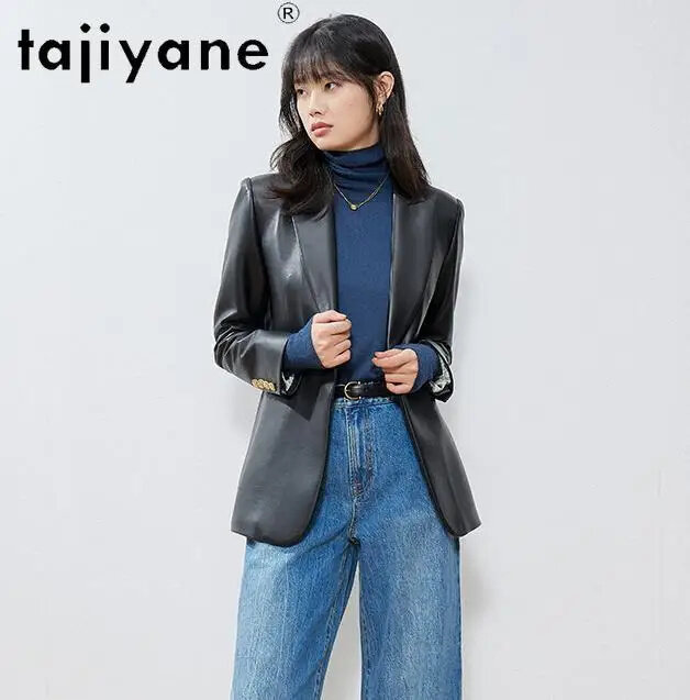 Tajiyane-سترات جلدية أصلية للنساء ، سترات من جلد الغنم ، معطف متوسط الطول ، أنيق وحقيقي ، طراز كوري ، جديد ،