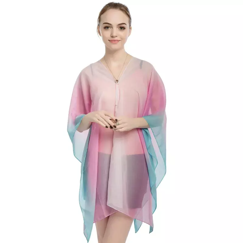 2024 Summer Style New Chiffon Women Pullover Cape Print Gradient Rainbow Sunscreen Cape Lady Poncho Capes Pink Imitation Silk