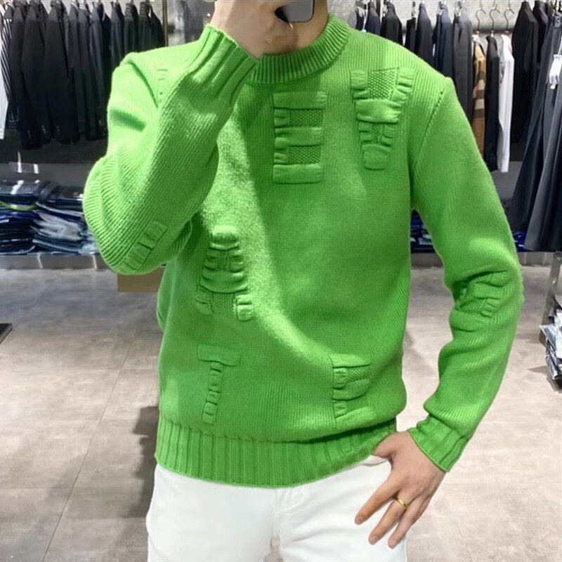 Odzież męska dzianinowy sweter z okrągłym kołnierzem zielony sweter koreański bluzy luźny krój bluzy