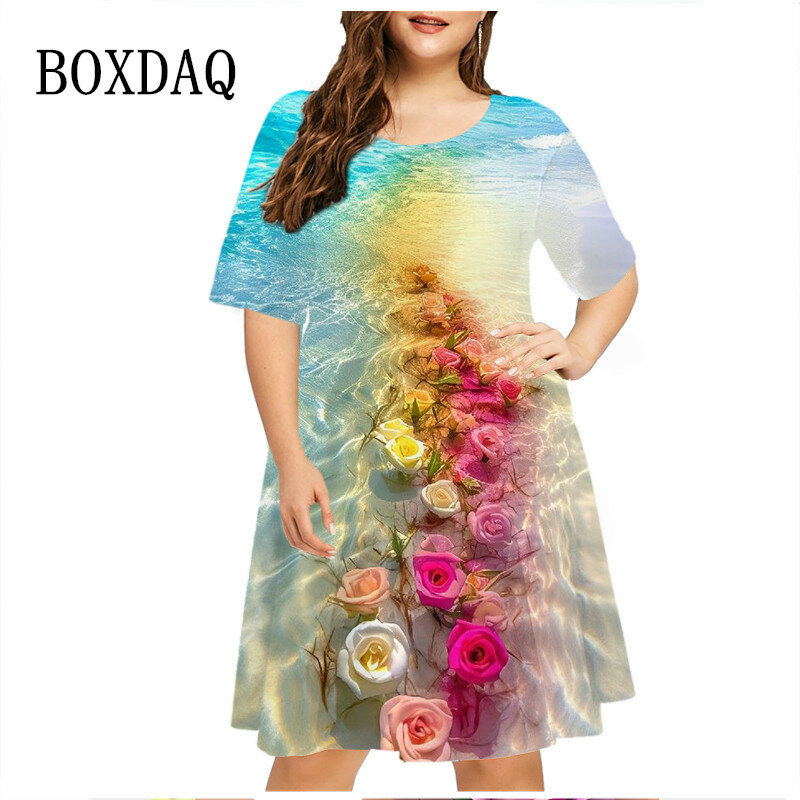 Женское свободное платье с коротким рукавом, повседневное пляжное платье большого размера с цветочным принтом, модная одежда на лето