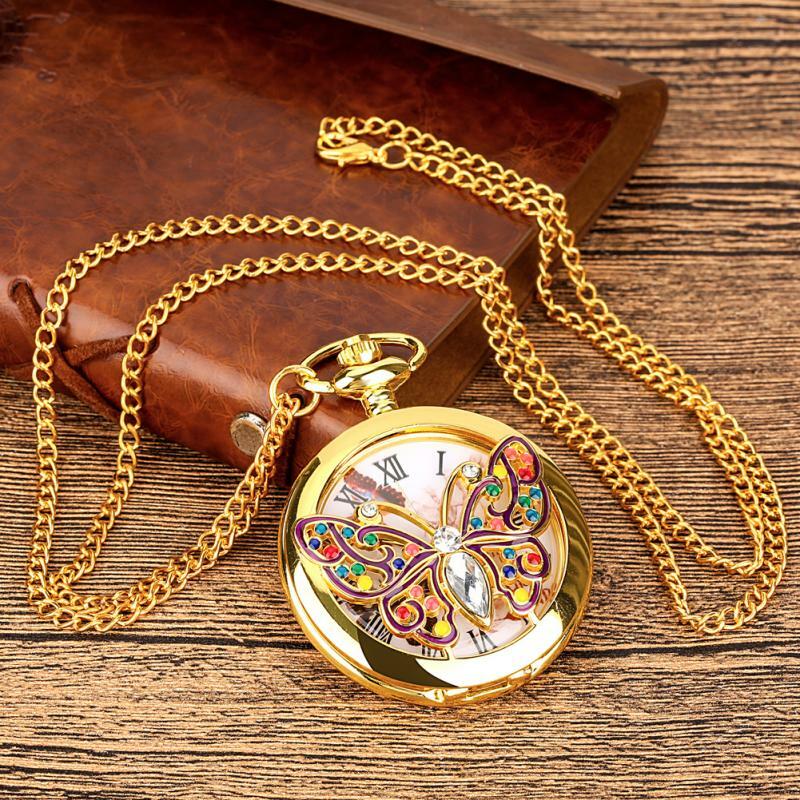 Neue Charming Gold Schmetterling Kristall Diamant-verkrustete Quarz Taschenuhr Elegante Frauen Retro Tasche Kette Uhr Anhänger Kette
