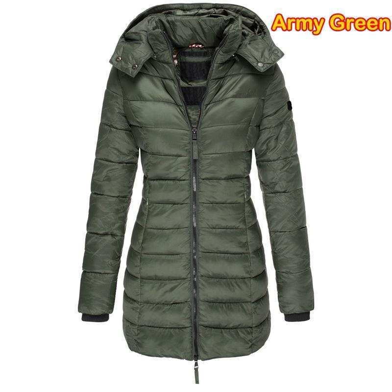 Autumn and winter women's zippered hooded cotton jacket casual thick warm long jacket long sleeved lightweight down jacket