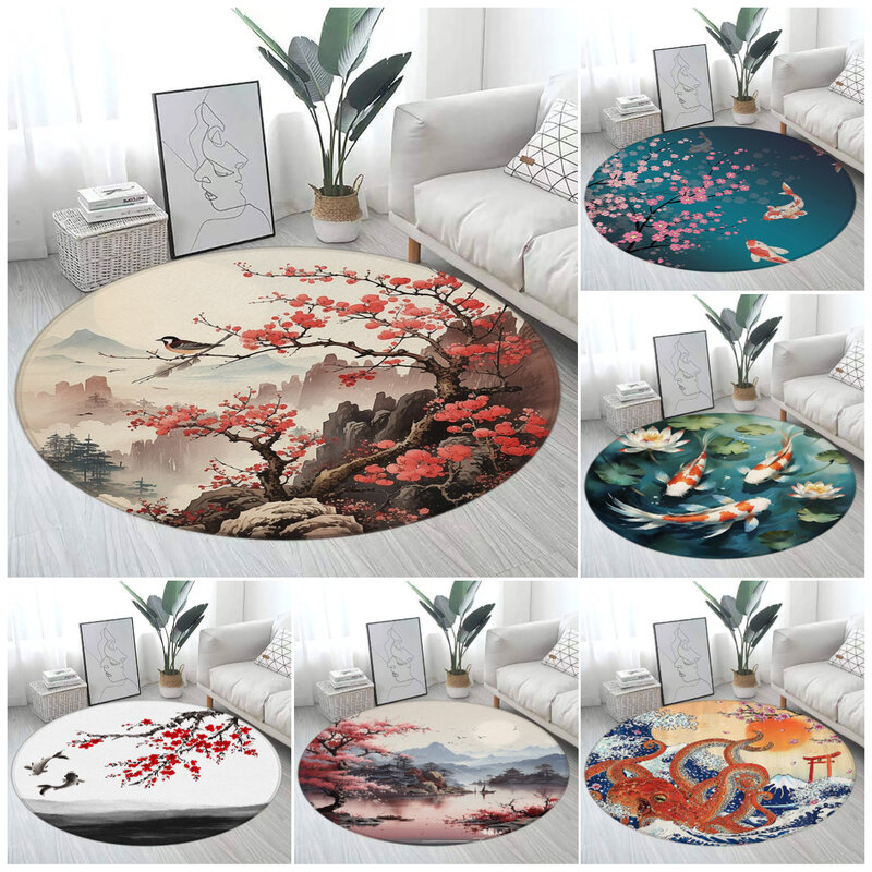 日本のネーゼスタイルの丸いカーペット、山の桜、鯉のタコ、蓮波、インクアート、リビングルームのマット、床の敷物、家の装飾