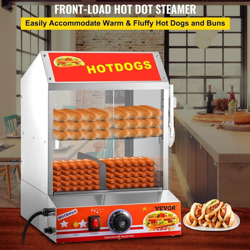 Pengukus Hot Dog, 27L/24,52qt, pengukus pondok 2 tingkat untuk 175 anjing panas & 40 roti, pemasak hangat roti listrik dengan