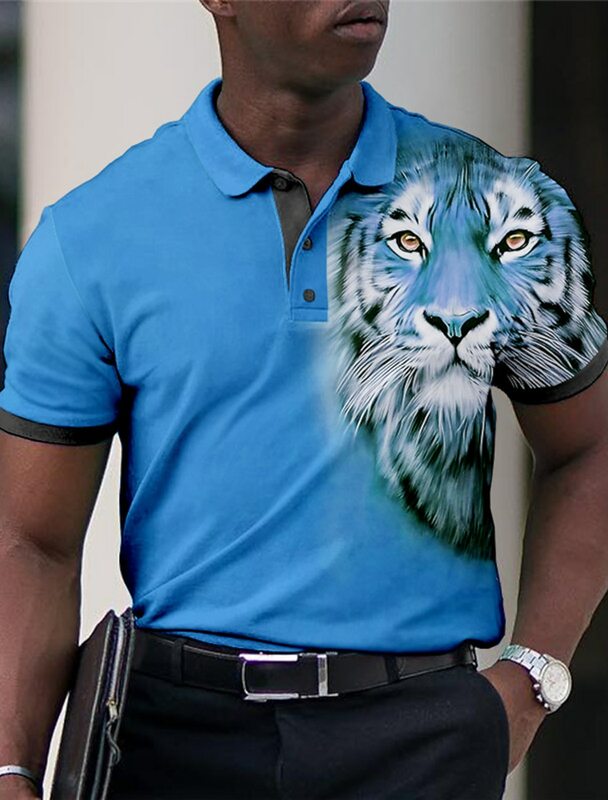Polo de solapa con botones para hombre, camisa de Golf, estampado gráfico de tigre Animal, ropa de manga corta para calle al aire libre