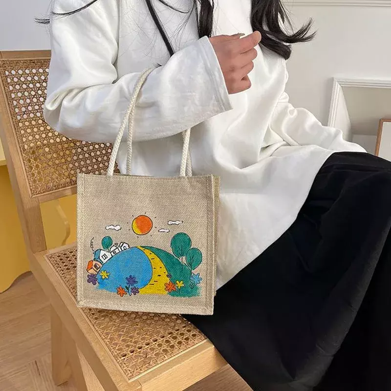 1 pz casuale fai da te creativo Graffiti borsa con pittura ad acquerello e pennello bambini lino Doodle Bag Shopping fatto in casa Tote Craft Bag