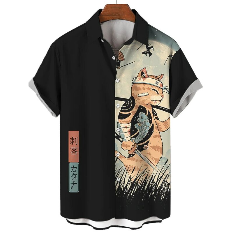เสื้อผู้ชายลายกราฟิกแมวญี่ปุ่นเสื้อฮาวายแขนสั้นปกกระดุมเสื้อแฟชั่นสำหรับผู้ชายฤดูร้อน