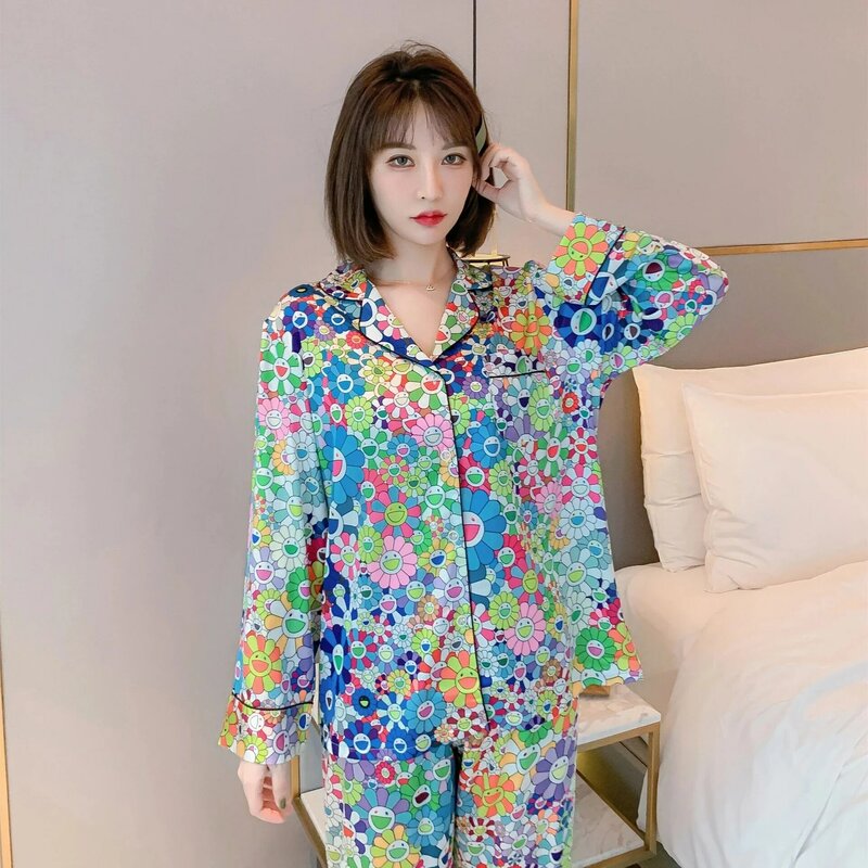 Sunflower Print Silk Pajamas for Women Set 2 Pcs with Long Sleeve Long Pants Pijama Suit Satin Sleepwear Loose Casual Homewear